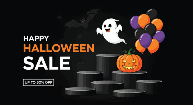 Happy halloween sale with ghost bat pumpkin balloons and product display platforms on black background