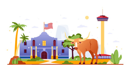 Alamo And Skylon Tower - Colorful Flat Design Illustration