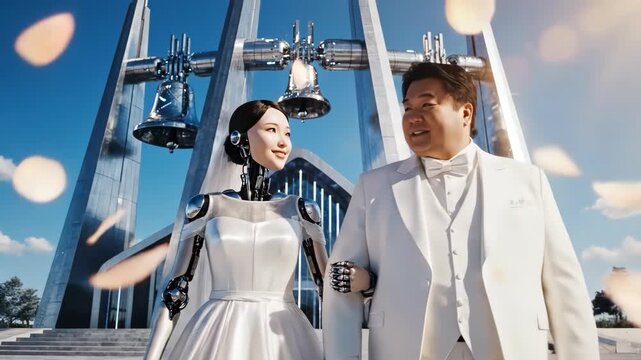 教会の前で愛を誓うアンドロイドと人間のカップルの結婚式