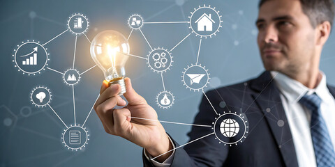 Businessman holding a glowing lightbulb with digital network connections and icons