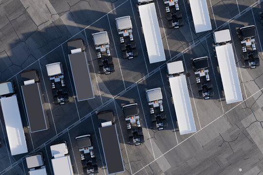 Aerial 3d view of parked trucks in logistics and transportation area