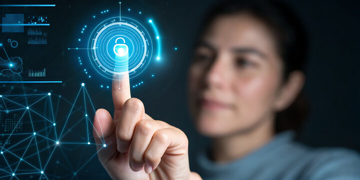 Woman touching digital padlock on futuristic interface for cybersecurity