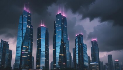 Modern skyscrapers with glowing pink tops against a dramatic stormy sky