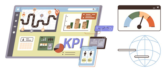 Business dashboard showcasing KPI analytics, metric charts, and performance indicators. Ideal for data analysis, corporate planning, goal tracking, productivity evaluation, strategy development