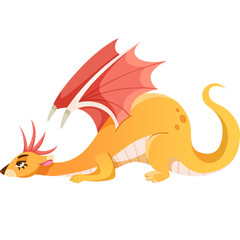 Orange Dragon With Red Wings Lying Down In A Playful Pose And Looking To The Side Featuring A Pixelated Style Against A Transparent Background