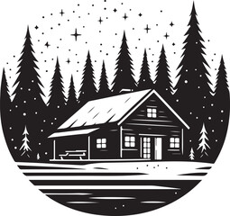 Winter Cabin in Pine Forest Vector silhouette Illustration