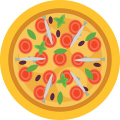 Round Flat Pizza With Tomatoes Olives Fish And Basil Toppings On A Transparent Background