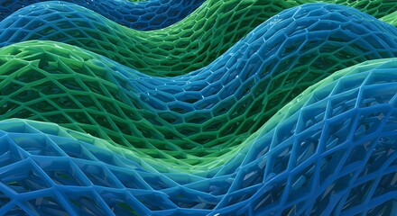 Abstract close-up of a wavy, interconnected hexagonal mesh pattern in shades of green and blue.