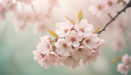 Soft focus close up of delicate pink cherry blossoms on a branch in spring