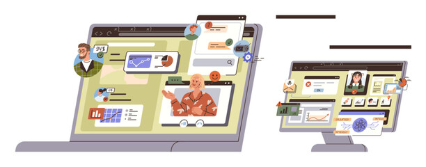 Multiple monitors displaying virtual meetings, data charts, and user profiles. Ideal for teamwork, communication, analytics, remote work, technology productivity online education. Simple flat