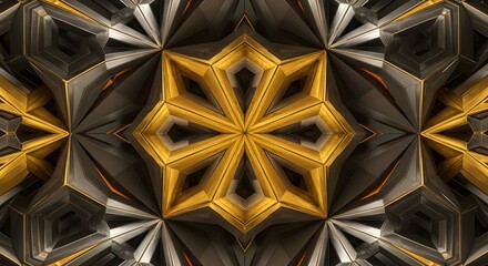 Abstract kaleidoscopic pattern featuring a central gold starburst surrounded by repeating geometric shapes in silver and gray.