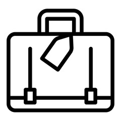 Leather briefcase with tag line icon, traveler survey concept. Vector graphics. Tourist luggage, baggage sign on white background, style icon mobile or web design.
