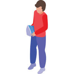 Person Holding a Blue Iron with a Red Shirt and Blue Pants Isolated on White Background