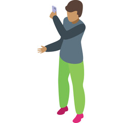 Person holding phone and gesturing with outstretched hand against transparent background isometric view