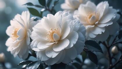 Obraz premium Soft focus close up of delicate white camellia flowers blooming in spring