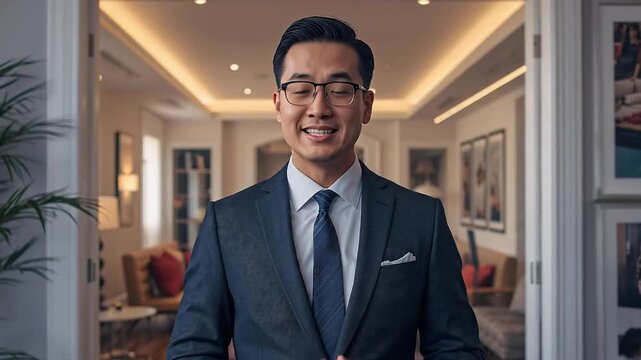 Professional Asian School Principal in Suit and Glasses Smiling Confidently in Upscale Academic Setting, Portraying Educational Leadership and Welcome