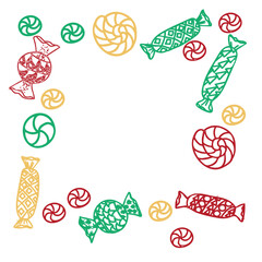 Colorful candy frame. Hand drawn sweets border with decorative doodle patterns