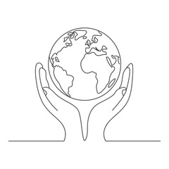 Hands holding earth globe line art illustration. Simple graphic design of cupped hands protecting planet. Elegant line drawing of human hands cradling world globe.