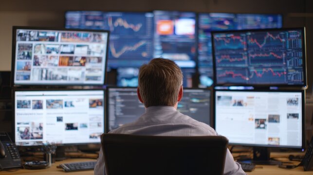 Medium shot focused on an analyst reviewing news articles on multiple screens to identify upcoming changes in market dynamics.