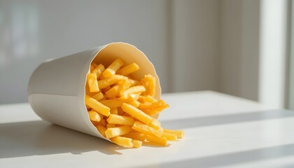Paper cup filled with golden fries on white table.