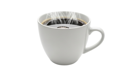 Hot black coffee in a white ceramic mug with steam rising and visible crema, isolated on a black background.