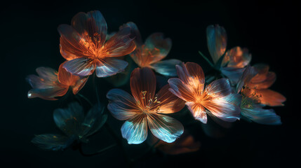 暗闇の中で有機的に光り輝く幻想的な抽象的な花々のクローズアップ