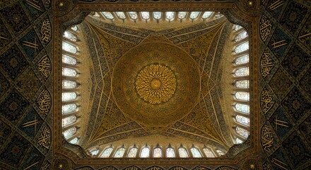 Ornate Golden Dome Ceiling with Intricate Islamic Art, Geometric Patterns, and Natural Light