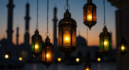 Obraz premium Ornate traditional Islamic lanterns glowing at dusk with mosque silhouettes, symbolizing Ramadan, Eid, and spiritual celebration.