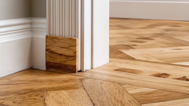 Detail of herringbone patterned floor, white trim, with wooden support and grey wall