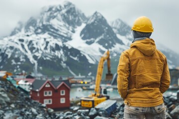 Worker overlooks construction site against a backdrop of mountains and snow in a remote location