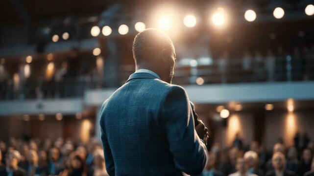 African american man speaking into microphone at conference. Public speaker giving a presentation. Professional networking event. Professional orator talk at school, college or university seminar.
