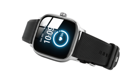 Modern smartwatch displaying time and heart rate on a glowing digital screen with a black textured strap, isolated on a dark background.