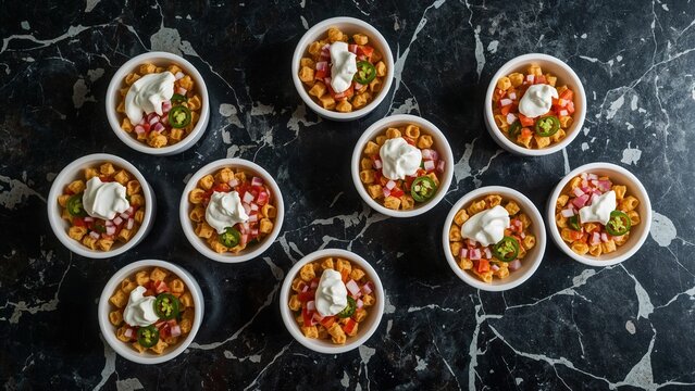 Mini frito pie bowls topped with sour cream, diced ham, jalapenos, and tomato on marble table  overhead flat lay of appetizer snacks