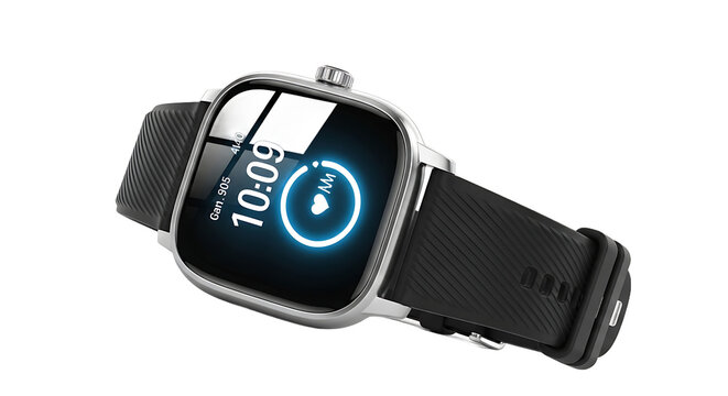 Modern smartwatch displaying time and heart rate on a glowing digital screen with a black textured strap, isolated on a dark background.