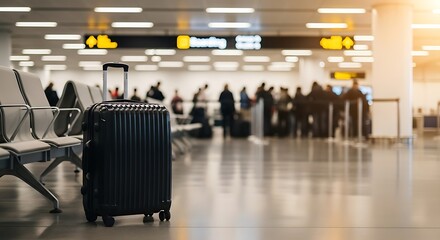 Suitcase in airport terminal with blurred people waiting for flight, travel and transportation
