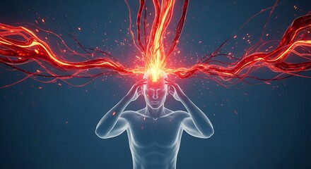 Conceptual image of a man with energy radiating from his head, representing power and focus