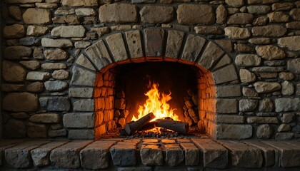 Obraz premium Old fieldstone wall illuminated by flickering firelight, full frame, cozy hearth texture, warm rustic tones.