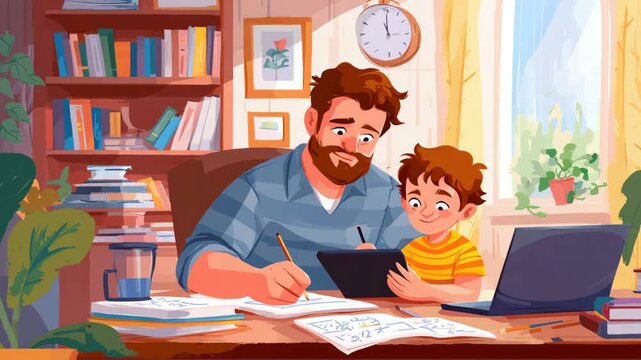Father and son working together at desk. Books, papers, laptop, tablet, cozy learning at home. Family bond. Education, parenting, dad help kid do homework. Mentorship, teacher and child.
