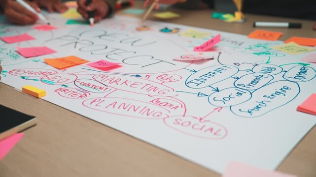 Participants engage in a vibrant brainstorming session, utilizing colorful notes and mind maps to develop effective marketing strategies and project plans collaboratively. SACTR