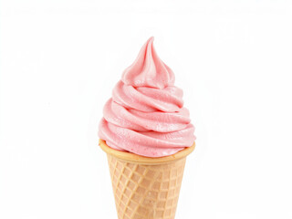 A swirl of strawberry gelato in a small cake cone Soft pink ice cream cone with creamy swirl on white background  