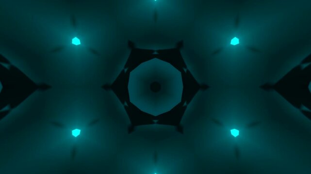 Hypnotic kaleidoscope background with pulsating neon hexagons and endless fractal symmetry. Animated mirror effects create dynamic visual texture for music videos and visual effects