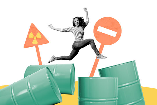 Composite creative art collage of happy girl run poison nuclear waste environment danger forbidden sign isolated on painted background