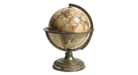 Vintage antique terrestrial globe with old world map and metallic stand on black background, showcasing historical geography and exploration.
