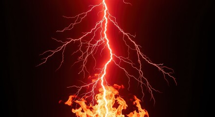 Intense red lightning bolt striking down into a vibrant fiery inferno against a dark background