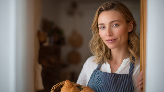 A friendly baker stands at the doorway, holding a basket of freshly baked croissants and smiling Generative AI - Powered by Adobe