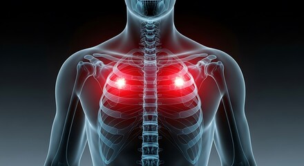 Human anatomy showing lungs with red spots indicating pain or inflammation on dark background