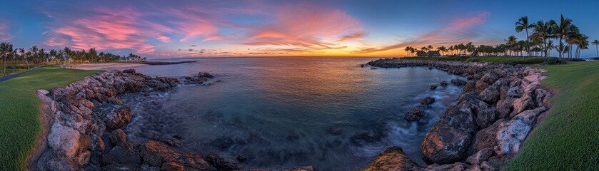 Fototapeta premium Panoramic view of a tranquil coastal scene at sunrise.