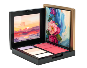 Makeup palette with artistic design and vibrant colors for beauty.