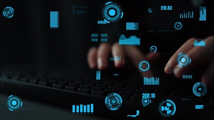 A close-up view of hands typing on a keyboard with a digital overlay of analytics and data visualization graphics, creating a modern tech atmosphere. Xenic - Powered by Adobe
