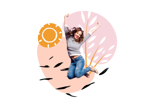 Creative picture collage young jumping happy woman summer environment sunny weather positive mood outdoors park weekend leisure